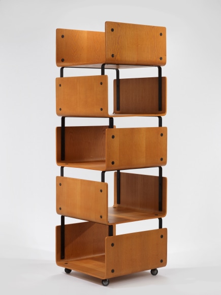 Wooden bookcase with black painted steel frame on wheels