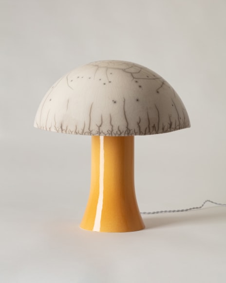 Lamp with white raku glazed shade and yellow glazed base