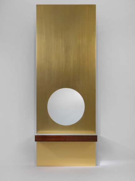 Anodized aluminium with mirror cut out and formica with wood face vanity