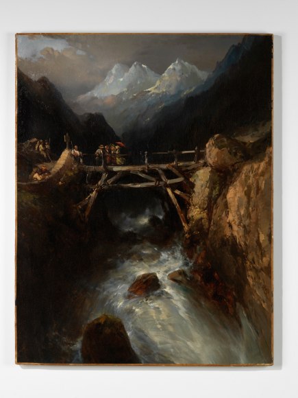 Scene depicting bridge and water rushing below it.