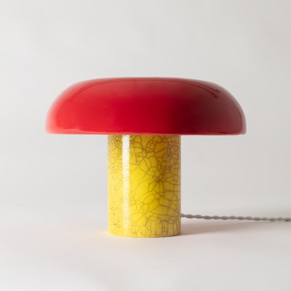 Lamp with red raku glazed shade and yellow raku glazed base