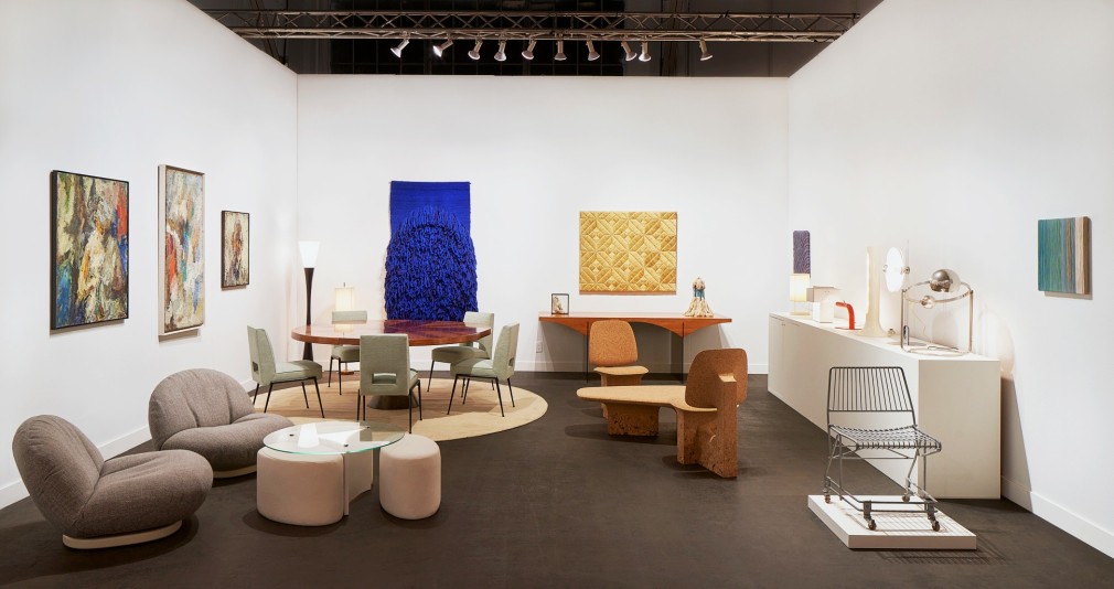 Installation view of the booth at FOG in sf. Works by Sheila Hicks on view and others.