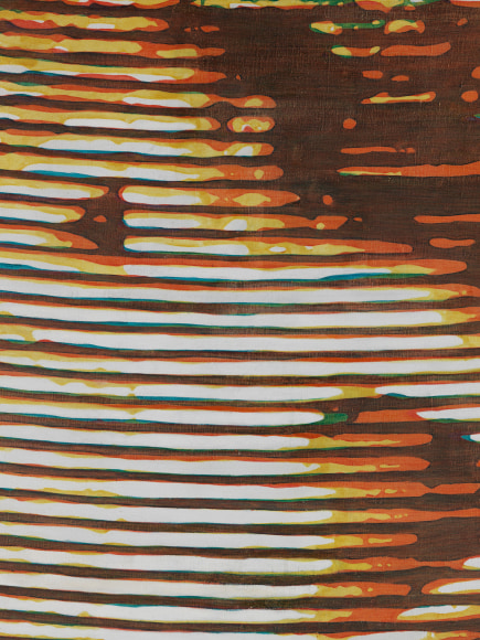 Close up detail shot of painting of a man with stripes.