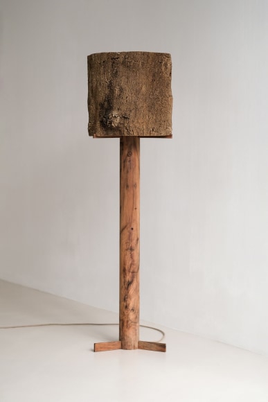Cork and Oak floor lamp against an empty room turned on.