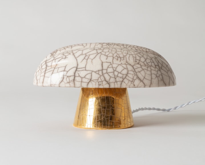 Lamp with white raku glazed shade and gold glazed base
