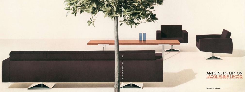 Book cover featuring Antoine Philippon and Jacqueline Lecoq upholstered chairs, couch, and coffee table with tree in the foreground