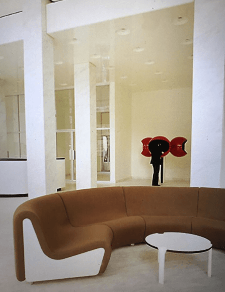 Archival image of Ministry of Health lobby with modular sectional sofas produced by Mangau, Paris, 1972.