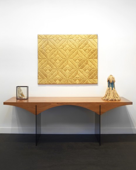 Installation view of the booth at FOG in sf. Works by Sheila Hicks on view and Motte on view.