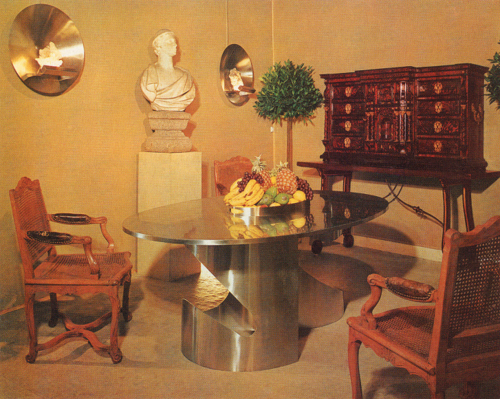Maria Pergay, Galerie Maison et Jardin, Paris,&nbsp;May 1968. Reproduced in &quot;Un &eacute;v&eacute;nement dans le mobilier contemporain, l&#039;acier inoxydable,&quot;&nbsp;Plaisir de France, No. 10. Jan.&nbsp;1969.