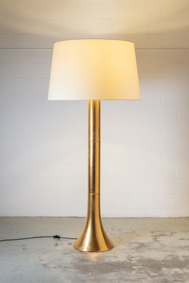 Illuminated floor lamp with gold raku glaze and fabric shade