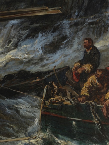 Detail close up of the painting depicting sailors on a boat and waves and rapid movement in the sea.