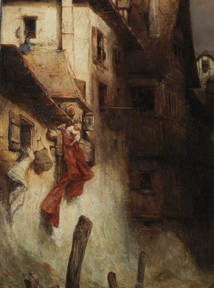 Painting depicting epic ocean scene with a boat near a town and people engaging in activity. Detail shots included.