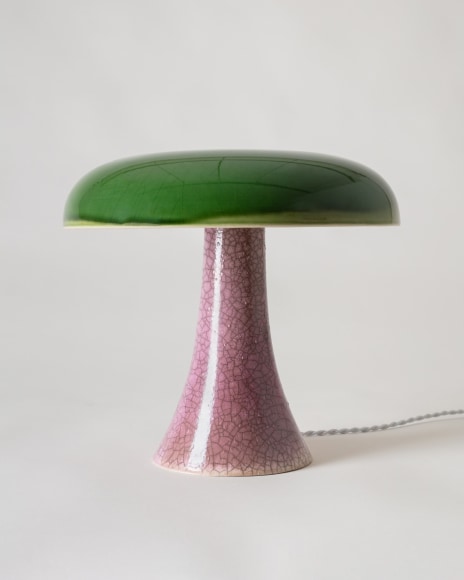 Lamp with green raku glazed shade and purple raku glazed base