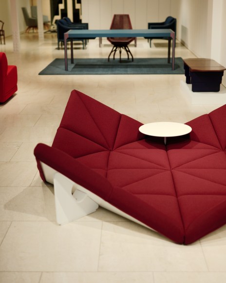 View of Paulin tapis siege on the floor of the gallery.