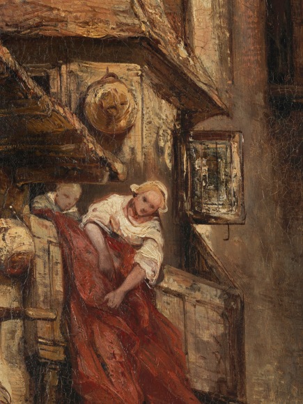 Painting depicting epic ocean scene with a boat near a town and people engaging in activity. Detail shots included.