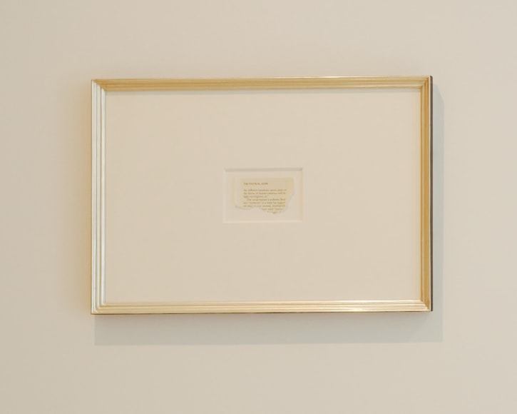 a newspaper clipping with teared edges sits in the middle of a frame on a gallery wall
