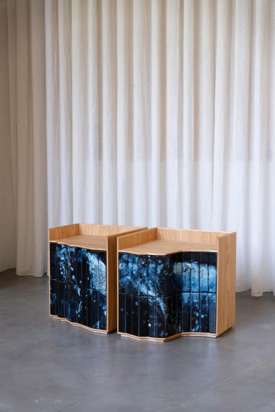 Beside night stands in tile and oak by NDL made in situ.