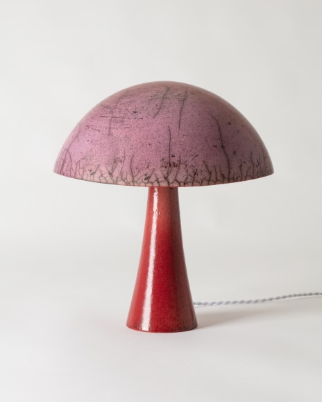 Lamp with pink raku glazed shade and red raku glazed base