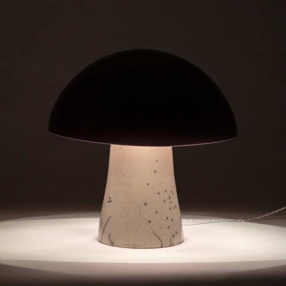 Illuminated lamp with purple glazed shade and white raku glazed base