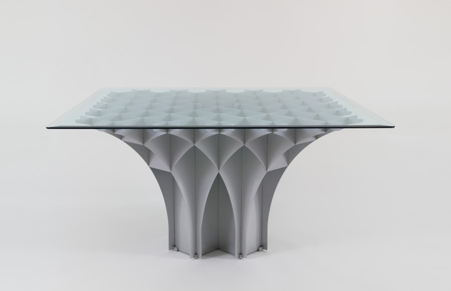 Aluminum base glass topped table by Pierre Paulin