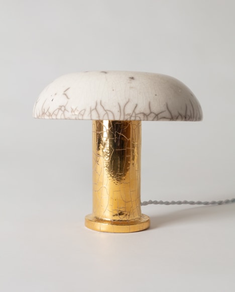 Lamp with white raku glazed shade and gold raku glazed base