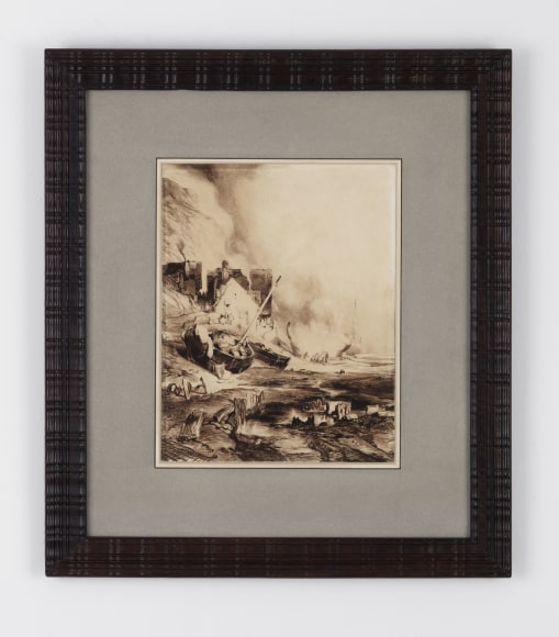 Framed pen and pencil work depicting a beached boat being reframed at low tide