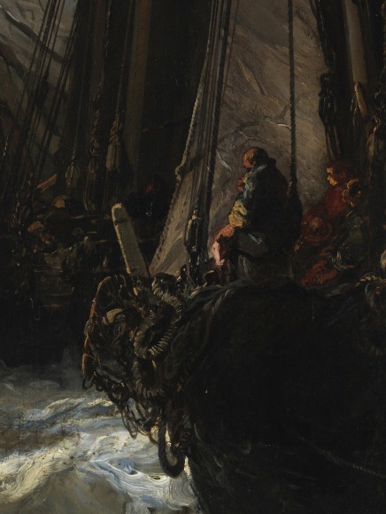 Detail close up of the painting depicting sailors on a boat and waves and rapid movement in the sea.