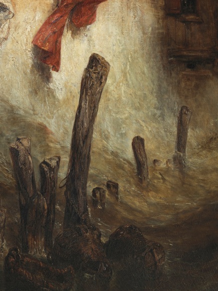 Painting depicting epic ocean scene with a boat near a town and people engaging in activity. Detail shots included.