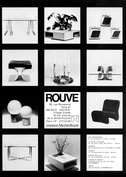 Archival black and white ad showcasing various pieces designed by Michel Boyer