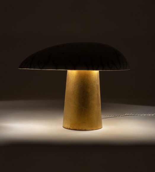 Illuminated lamp with white raku glazed shade and gold glazed base