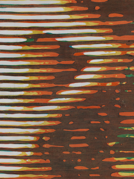 Close up detail shot of painting of a man with stripes.