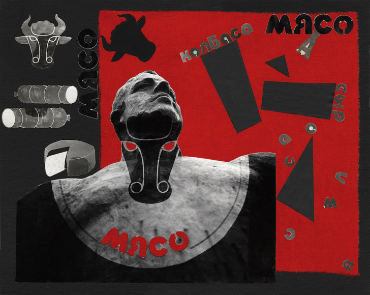 Untitled (meat, sausage, cheese), 1988, Unique vintage photocollage with red linen, newspaper clippings, and gelatin silver print