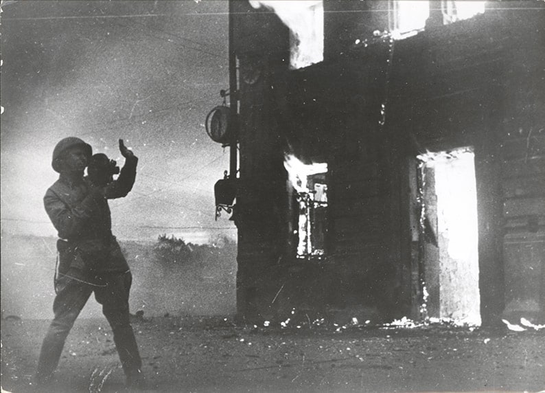 Fires of War and Peaceful Flames (War photographer A. Sofkin films burning train station in Stalingrad), 1942, Gelatin silver print