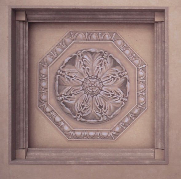 Coffered ceiling with trompe-l'œil painted rosettes, New York