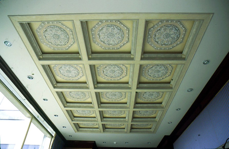 Coffered ceiling with trompe-l'œil painted rosettes, New York, NY