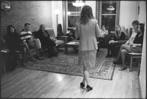 Charter school principal addressing parents of prospective students, Upper West Side, December 1, 2010, Gelatin silver print