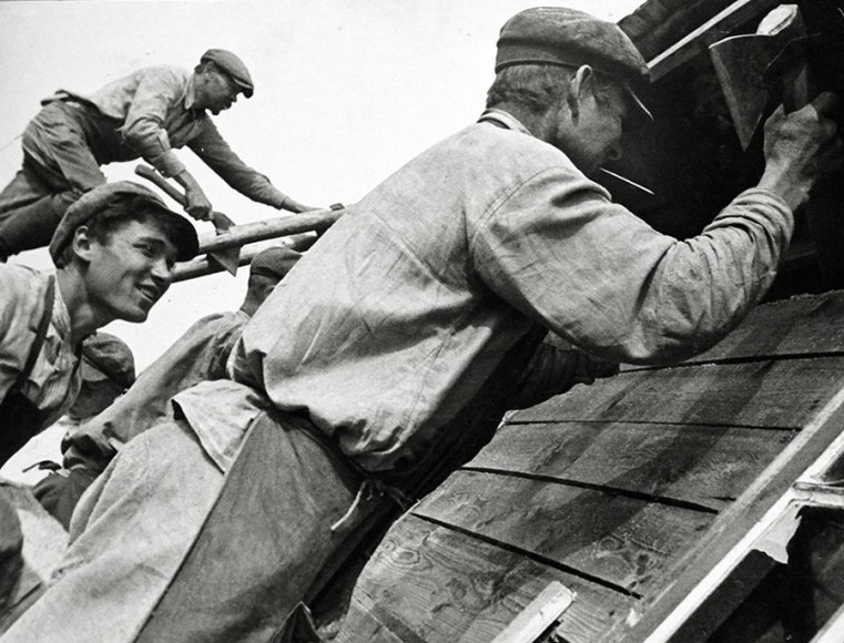 At a Construction Site, 1929, Gelatin silver print mounted on board