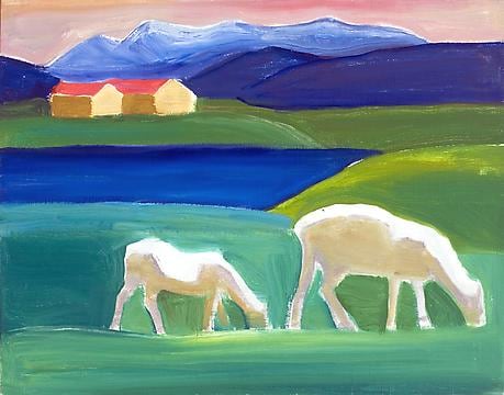 Two Sheep, House, and Water