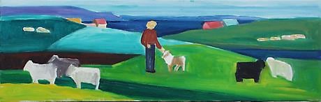 Figure, Dog, Sheep and Houses