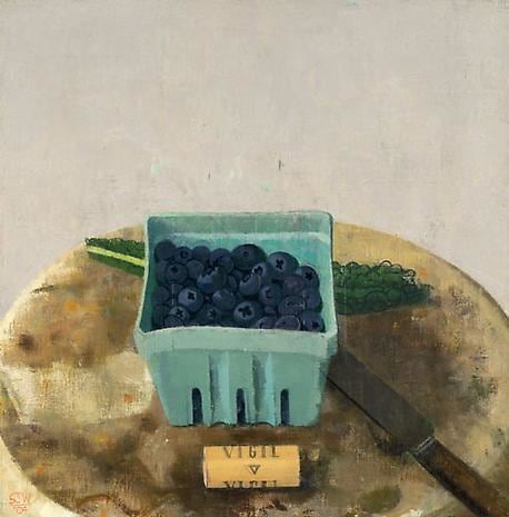 Blueberries with Cork, Knife, and Kale Leaf