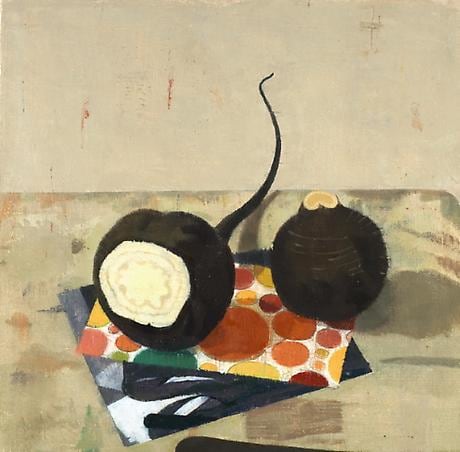 Two Spanish Radishes with Xerox, Citrus Wrapping Paper, and Knife