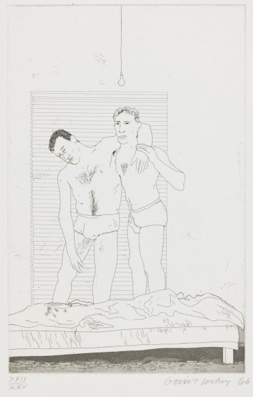 David Hockney, One Night, 1966, Etching and aquatint on paper, 13 13/16" × 8 7/8" at Anita Rogers Gallery