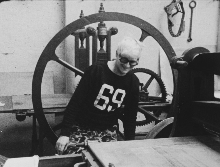 Frame enlargement from 16mm film Love's Presentation (1967), a film by James Scott on David Hockney - Anita Rogers Gallery