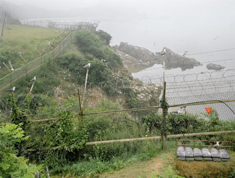 Yishay Garbasz, Seagull migration across mine field near,&nbsp;Sabajawi Rock, north shore of Baengnyeongdo, 2014.&nbsp;C-print.&nbsp;49 1/4&quot;&nbsp;x 65&quot;