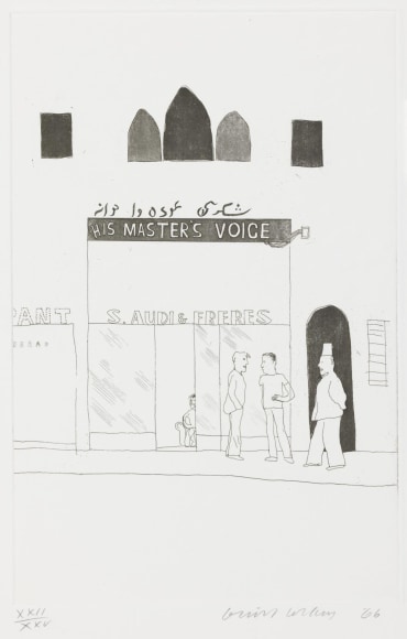 David Hockney, The Shop Window of a Tobacco Store, 1966, Etching and aquatint on paper, 13 13/16" × 8 7/8" at Anita Rogers Gallery