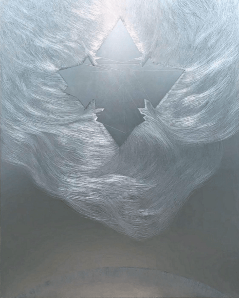 Simon Bertrand, Amplituhedron within Mekabah, 2022, Engraving on aluminum, 54&quot; x 35 3/4&quot; at Anita Rogers Gallery