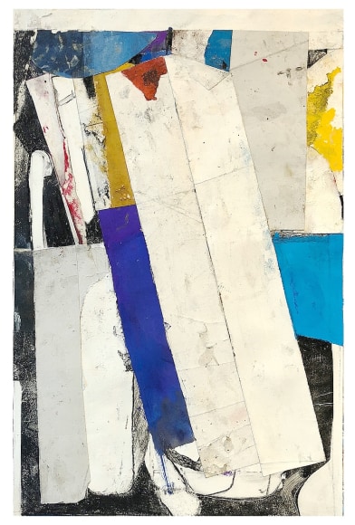 Robert Szot, Portrait Of Edith Schiele In A Striped Dress, 2019, Monotype collage and mixed media on paper, 18 1/2" x 12" at Anita Rogers Gallery