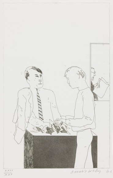 David Hockney, He Enquired After the Quality, 1966, Etching and aquatint on paper, 13 13/16" × 8 7/8" at Anita Rogers Gallery