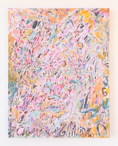 Hayley Barker, Found Grandma's Drugs (MAGIC), 2017, oil paint, colored pencil, marker, and oil pastel on panel, 14&quot; x 11&quot; at Anita Rogers Gallery