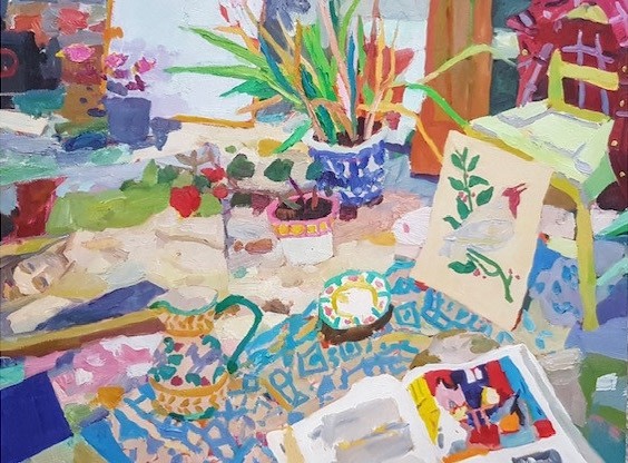 Mungo Powney. Something Blue. 2020. Oil on canvas. 28&quot; x 36 1/4&quot;